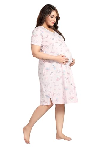 Image of Fabme Women's Above Knee Length Printed Pre and Post Pregnancy Pure Cotton Nursing Nightdress Nighty