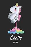  Cécile - Notes: Noms Personnalisé Carnet de notes / Journal pour les filles et les femmes. Kawaii Licorne pétant arc-en-ciel. Accessoires de licorne ... cadeau original anniversaire femme.