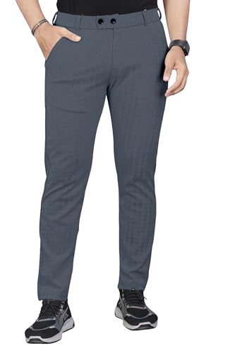 Image of Mehrang Men's Casual Textured Regular Fit Trousers, Formal Pants with Button Closure, Side Pockets, Polyester Trouser for Men