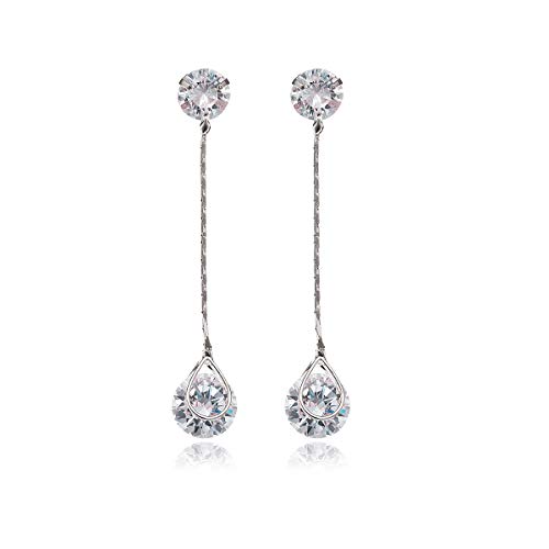 Crystal Linear Drop Earrings - Womens Sterling Silver Round Cubic Zirconia CZ Diamond Rhinestone Long Chain Dangle Earrings Bridal Drop Earrings for Wedding Bride Bridesmaids