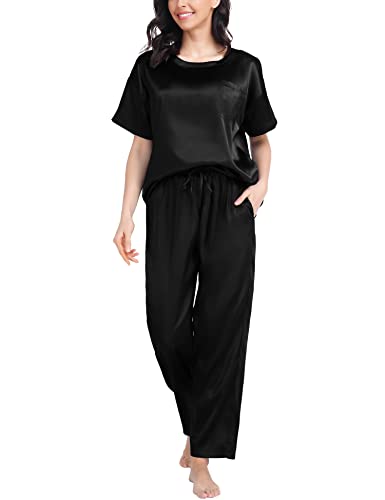 Swomog Silk Pajama Set For Women Two Piece Satin Short Sleeve And Long Pant Pajama Set Summer Sleepwear Silk Pj Sets Black S #TOP1