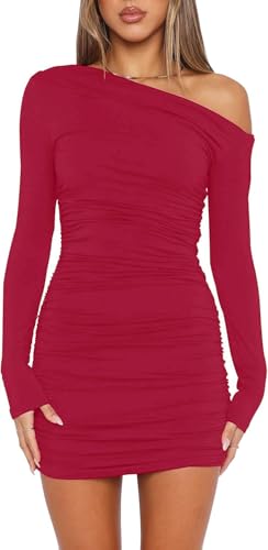 Wenrine Damen Kleider Sexy Schulterfrei Partykleid Langarm Minikleid Rüschen Bodycon Hochzeitsgast Cocktailkleid(Weinrot, S)