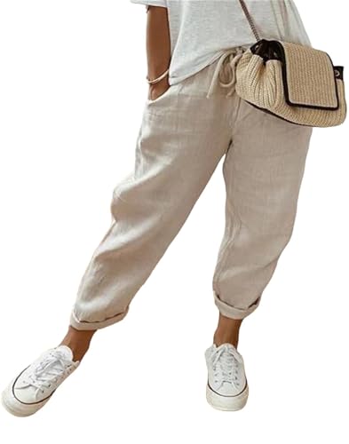 MorFansi Damen Leinenhose Casual Leicht Sommerhose Luftige Bequeme Freizeithose Hose Strandhose mit Taschen (Khaki,XXL)