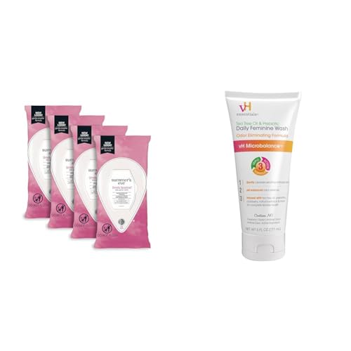 Summer's Eve Simply Sensitive Daily Gentle Feminine Wipes, Removes Odor, pH balanced, 32 count, 4 Pack & vH essentials, Ph Balanced Daily Feminine Wash, Tea Tree Oil & Prebiotic, 6, Fl Oz, (Pack Of 1)