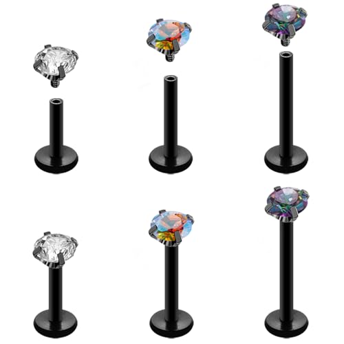 16G 18G Tragus Labret Lip Piercing Jewelry Black, Internally Threaded Surgical Steel CZ Studs for Women Men, 6mm 8mm 10mm Labret Nose Stud Cartilage Helix Medusa Conch Piercing Jewelry