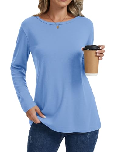 Cuptacc Longsleeve Damen Crew Neck Shirts Damen Herbst Women's T-Shirts Schlafanzug Oberteil Langarm Top Himmelblau XL 46-48