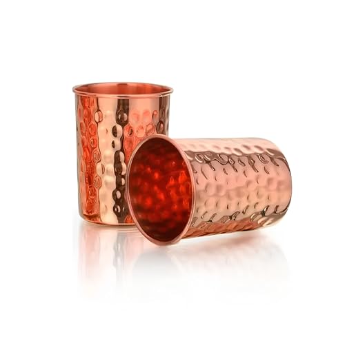 Image of 100% Pure Copper Hammered Tumbler Set of 6 (300ml Each) | Handmade Ayurvedic Copper Water Glasses | Traditional Tamba Drinking Glasses for Home & Kitchen