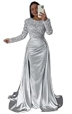 Long Sleeve Prom Dresses Long for Women Slit Satin Mermaid Sequin Formal Evening Gowns with Train Grey Size 12