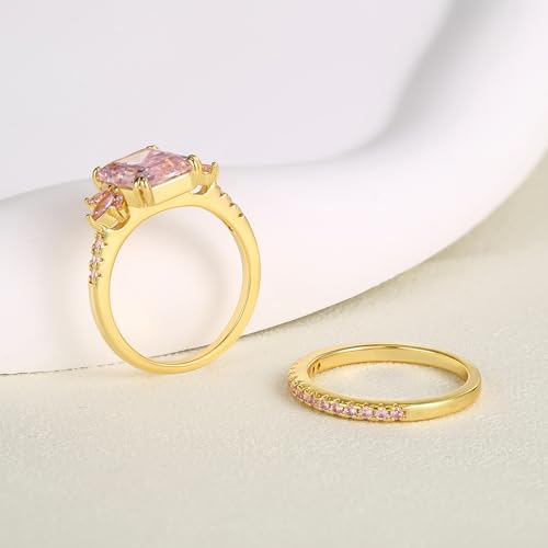 LAZLUVU Classic Cubic Zirconia Engagement Rings Square Pink Stone Bridal Set Promise Ring Jewelry Gift For Women Wedding Anniversary4