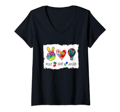 Peace Love Autism Puzzle Corazón Conciencia sobre el autismo Camiseta Cuello V