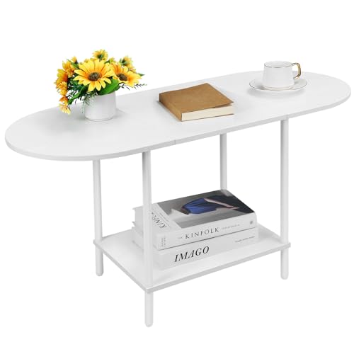 Shinoske Mesa de Centro Ovalada, Mesa de Café de Madera, Mesa Auxiliar Mesa Baja Sofá con Estante para Salon, 90 x 40 x 47cm, Blanco