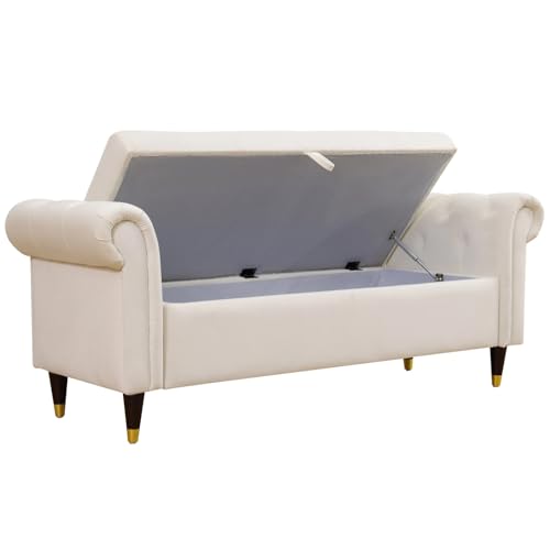 Elegante sofá de almacenamiento de lana de cordero, respaldo ergonómico, tapicería blanca con patas de madera maciza para habitaciones compactas