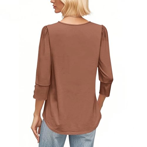 Women's Blouses 3/4 Sleeve Dressy Casual Shirts Crew Neck Button T Shirts with Smocked Cuffs Fall Teacher Outfits4
