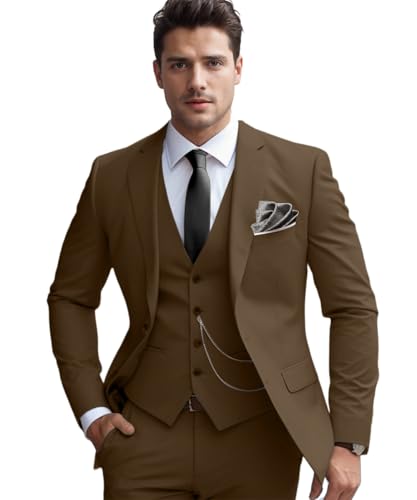 Men's Slim Fit Suit Set 3 Piece Suits for Men Regular Fit Solid Blazer for Business Wedding Prom with a Tie,Brown,L