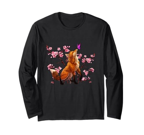 Japanese Fox Cherry Blossom Flower Sakura Long Sleeve T-Shirt