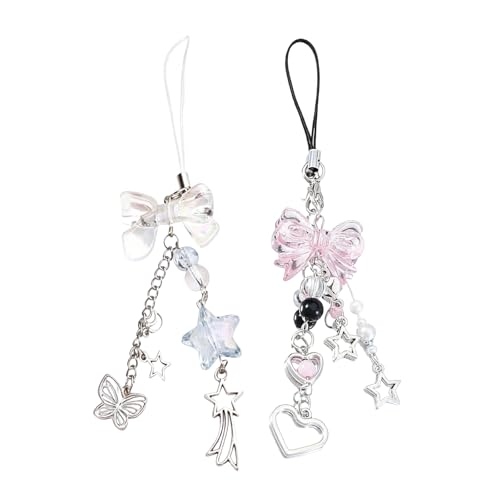 Cute Handyanhänger, 2 Stück süße Anhänger mit Herz- und Blau-Schleife, Bag Charms, Phone Chain, Rucksack Anhänger, Phone Charm, Taschenanhänger, Handy Accessoires, anhänger für Handy, Schlüsselanhänge