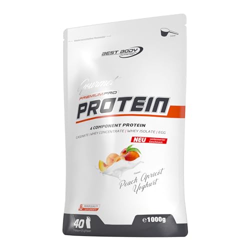 Best Body Nutrition Gourmet Premium Pro Protein Peach Apricot Yoghurt 1000g, 4 Komponenten Eiweißpulver mit Caseinat, Whey, Isolat, Eiprotein – Mehrkomponenten Protein, cremiger Shake