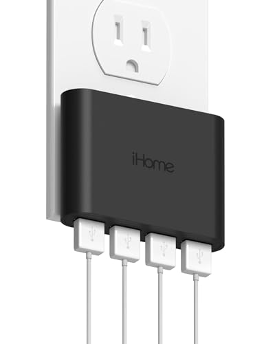 iHome Slim 4-Port USB Wall Charger, AC Pro Multiport Plug Adapter, Phone Charging Block with 4 Ports, Flat USB Wall Adapter for Home & Travel