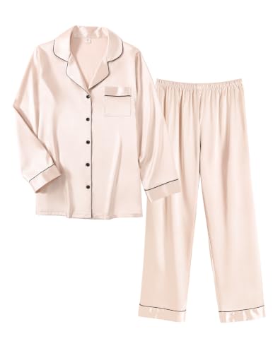Image of Ekouaer Women Satin Pajamas Set Classic Button Down Long Pjs Set