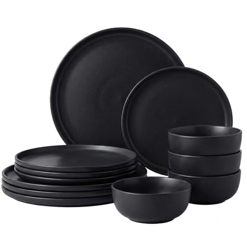 Image of simpa 12PCS Époque Matt Black Glaze Stoneware Dinner Set: 4 Dinner Plates, 4 Side Plates & 4 Bowls. Dishwasher & Microwave Safe.