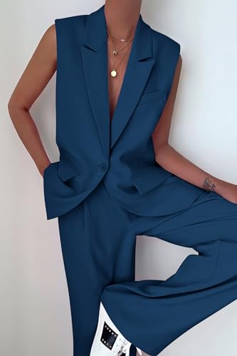 Image of PRETTYGARDEN Women's 2 Piece Outfits Sleeveless Suit Vest and Wide Leg Pants Business Casual Blazer Sets