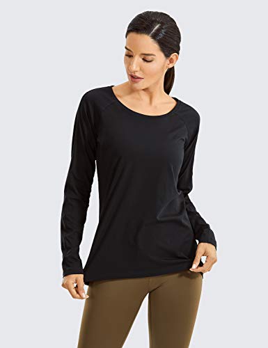 Crz Yoga Women's Pima Cotton Lightweight Workout Long Sleeves Loose Fit Athletic Shirts Casual Yoga Top Black Large #TOP1