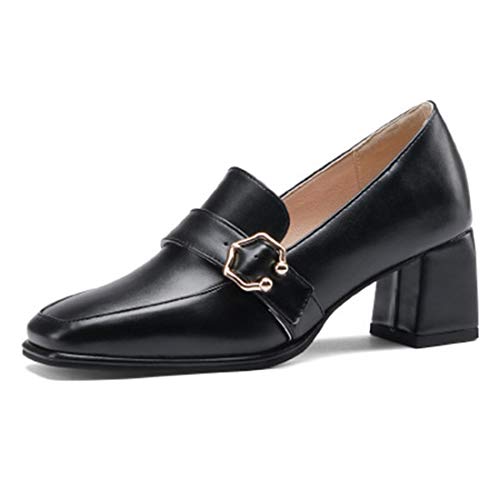 VOKLIN Women's Fashion Buckle Square Toe Dress Pumps Slip On Chunky Block High Heel Work Office Pump Shoes