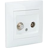 Prise TV mâle (standard) + prise satellite type F à visser (standard). Couleur(s) : blanc. Pour réception hertzienne TNT + satellite individuel. Compatible TV-UHD. Installation : à encastrer. Encastrement sur boîte standard. Prise livrée avec fixation vis et griffes. Indice de protection : IP20. Diamètre : Ø9.52mm. Norme(s) : CE