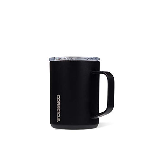 Corkcicle Sparkle 16 Ounce Coffee Mug Triple Insulated Stainless Steel Cup with Clear Lid and Silicone Bottom for Hot Drinks, Matte Black