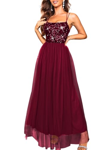 Image of ShawGobow Tulle Prom Dress with Slit,Sequin Backless Long Flowy Dresses for Women,Sexy Sparkly Outfits Homecoming Wedding