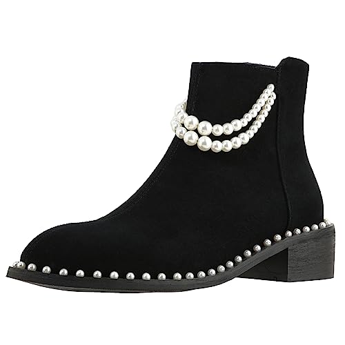 Kluolandi Pearl Embellished Ankle Boots for Women Chunky Low Heel Side Zipper Ankle Bootie Black Leather Boots