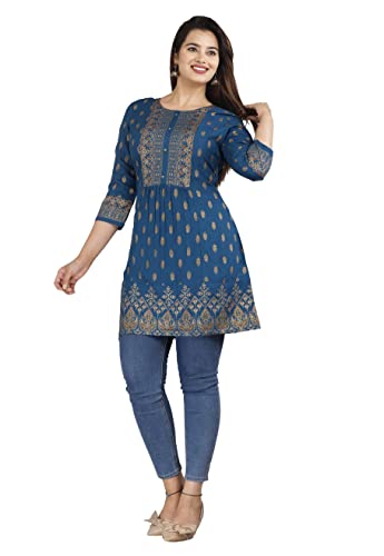 Image of Shiva Fab Short Kurti for Women | Embroidered Straight Rayon Kurta | Round Neck Full Sleeves Short Kurti for Women's Combo Pack of 2