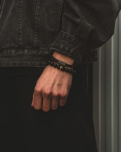 Forge & Foundry Men’s 10Mm Matte Black Solid Onyx Beaded Bracelet | Polished 18K Gold Plated Signature Bead And Single Gloss Bead | Minimalist Designer Jewelry, Forged For Men (X-Large) #TOP6