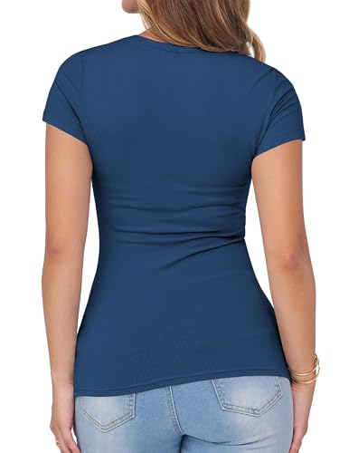 Image of Albe Rita Women Short Sleeve T-Shirt Cap V Neck Shirts for Women Ribbed Casual Top Knit Slim Fit for Summer