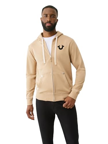 True Religion Men's Buddha Logo Zip Hoodie Sweatshirt, Travertine, Medium