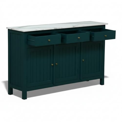 Image of Solid Wood Madrid 3 Door Sideboard Cabinet with Sintered Stone Top for Living Room | Acrylic Emerald Green Finish | 130x40x80 cm