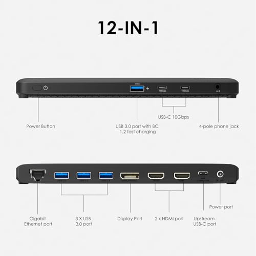 Image of Laptop Docking Station, 12-in-1 USB-C Docking Station, Triple Display with 2xHDMI and 1xDP, 10 Gbps USB-C and 5 Gbps USB-A Data, Ethernet, Audio, 100W Charging for Dell, HP, Lenovo and More