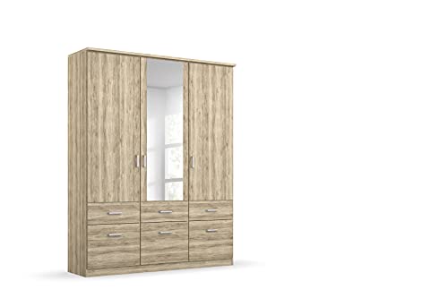 Rauch Möbel Armario giratorias estantes, 2 Barras, 6 cajones-Bremen de 3 Puertas, Madera, Roble Sanremo Claro/Espejo, Breite 136 cm