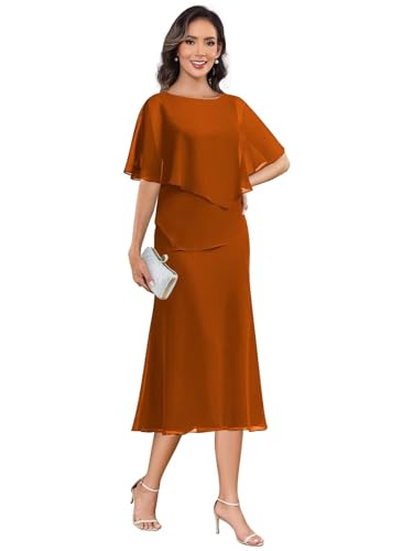 KBWOV A Line Mother of The Bride Dresses with Sleeves Chiffon Mermaid Burnt Orange Mother of The Groom Dresses Size 8