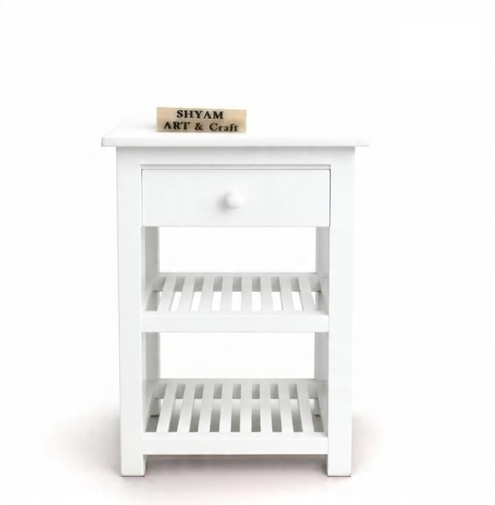 Image of SHYAM ART & CRAFT Solid Sheesham Wood Bedside Table with 2 Shelf & Drawers Storage for Bedroom Living Room Hall | Wooden Furniture Night Stand End Table for Home Office Hotels | White Finish