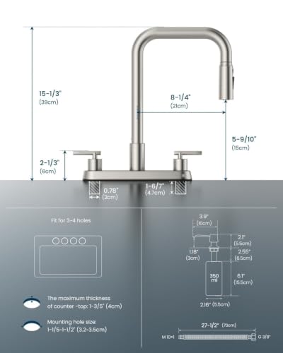 Image of APPASO 4 Hole Kitchen Faucet Brushed Nickel for 3 or 4 Hole Standard Sinks | 2 Handle Kitchen Faucets with 3-Mode Pull Down Sprayer and Soap Dispenser, Square Spout Dual Handle Faucet Stainless Steel