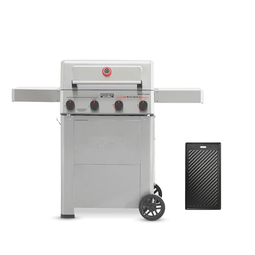 Monument Grills 4 Burner Propane Gas Grill with Broil Zone Stainless Steel Patio Mesa 2 Barbecue Grill with Cooking Plate Foldable Side Shelves Fast Heating Fast Assembly Mesa II 410FBZ
