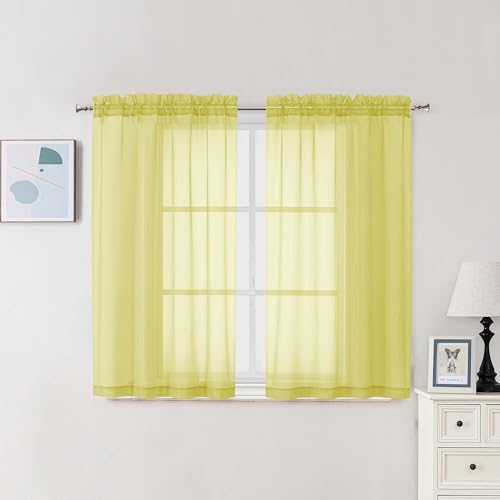 Image of Chyhomenyc Sheer Curtains 54 Inch Long 2 Panels Set, Light Filtering Short Soft Airy Short Cafe Curtains, Modern Rod Pocket for Dinning Living Room Bedroom, Each 42Wx54L in, 2PCS, Lemon
