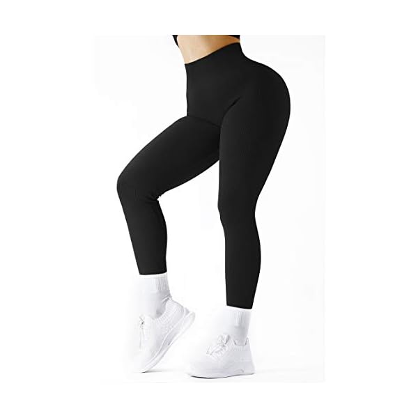 SUUKSESS Women Ribbed Seamless Leggings High Waisted Tummy Control Workout Yoga Pants (Black, L)
