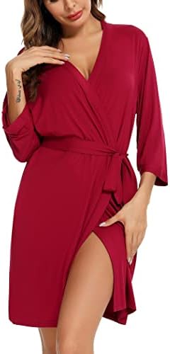 Anjue Womens Robes Knee Length Lightweight V Neck 3/4 Sleeve Nightwear Ladies Loungewear(WineRed,L)