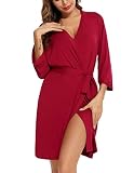 Anjue Womens Robes Knee Length Lightweight V Neck 3/4 Sleeve Nightwear Ladies Loungewear(WineRed,L)