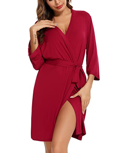 Anjue Womens Robes Knee Length Lightweight V Neck 3/4 Sleeve Nightwear Ladies Loungewear(Winered,L) #TOP3