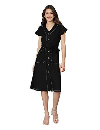 Image of oxolloxo Women Cotton Shirt Regular Sleeves Solid Party Dress
