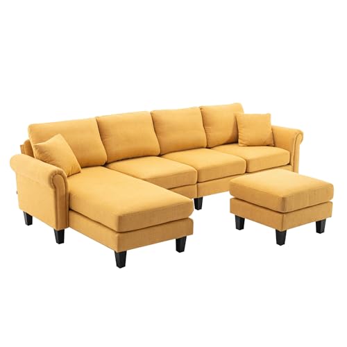 Image of Nathan 6 Seater L Shape Sofa with Centre Table | 6 Seater Sofa Set for Living Room (Nathan Yellow, LHS)
