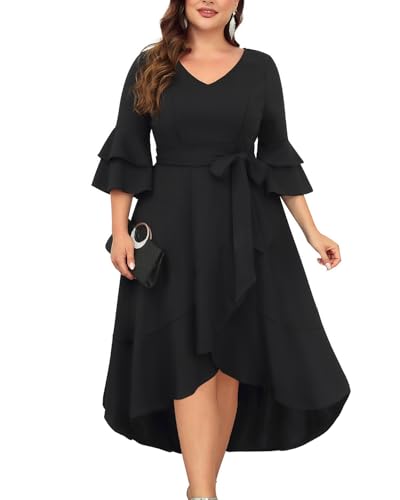Plus Size Wedding Guest Dress - Semi Formal Double Bell Sleeve V Neck High Low Split Ruffle Cocktail Dresses with Belt